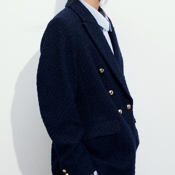 H&M Double Breasted Blazer Textured Woven Fabric Navy Blue LIKE NEW EUC - Picture 7 of 10